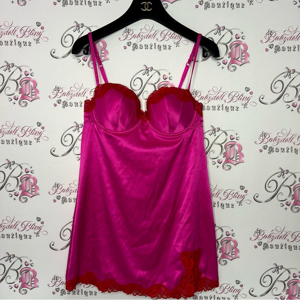 La senza dress chemise pink red shiny metallic silky satin babydoll nighty y2k